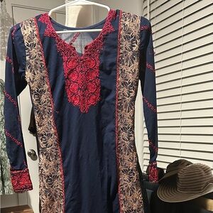 Elegant Navy and Red Embroidered Dress